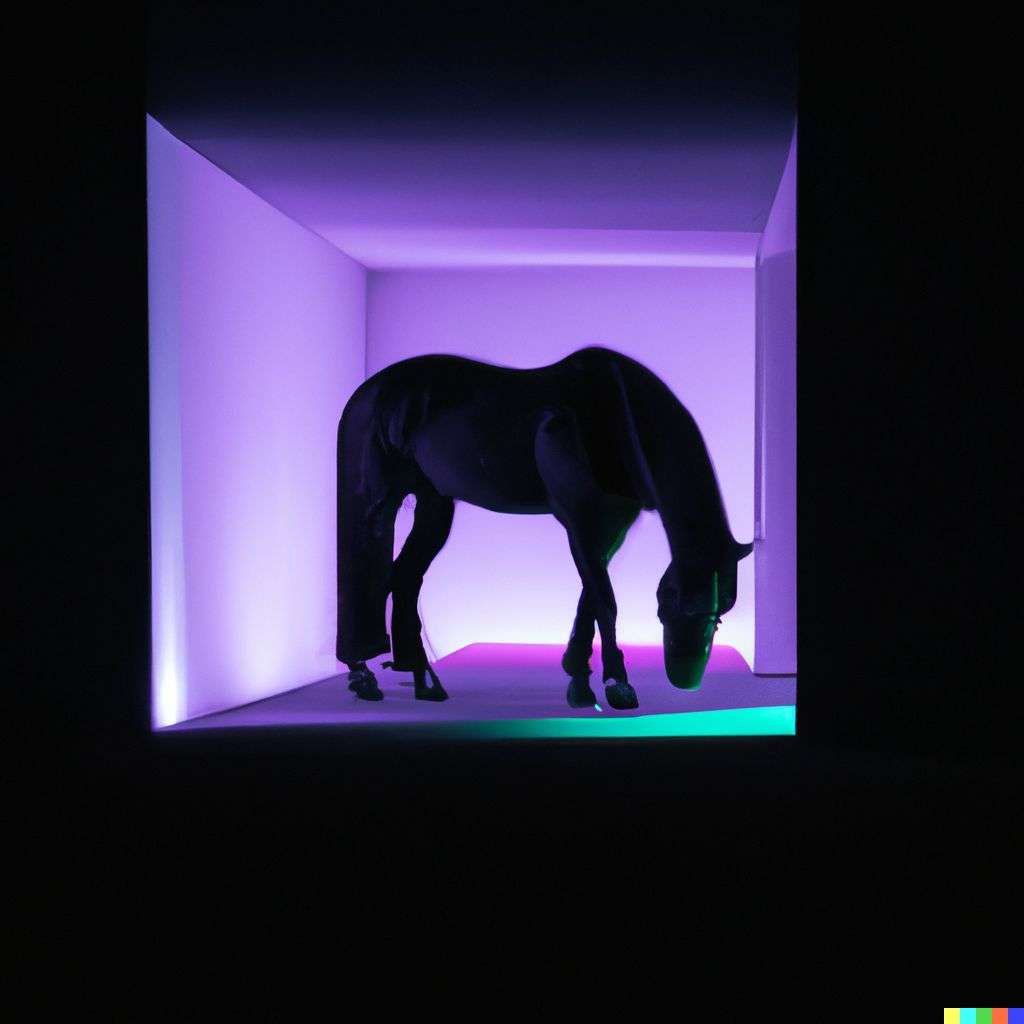 a horse in a light installation by James Turrell, photograph